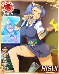  1girl :o armor bandage_on_nose bandages belt blue_dress blue_hair breasts brown_eyes card_(medium) chainmail clenched_hand dark-skinned_female dark_skin dress english_text flat_screen_tv game_cg goggles goggles_on_head green_belt hisui_(senran_kagura) holding holding_microphone karaoke large_breasts microphone music non-web_source official_alternate_costume official_art parted_bangs senran_kagura senran_kagura_new_wave shirt short_hair singing tan television white_shirt 