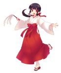  1girl :d black_hair japanese_clothes korita looking_at_viewer miko open_mouth ponytail red_eyes smile solo 