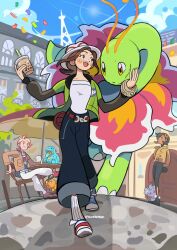  1boy 2girls absurdres ahoge alos_(alosrovolo) antennae bell-bottoms belt black_bodysuit black_hair blonde_hair blue_eyes blue_shirt blue_sky blush blush_stickers bodysuit breasts brown_eyes brown_hair brown_jacket bubble_tea building chair closed_eyes closed_mouth confetti cookie cup dark-skinned_female dark_skin day disposable_cup emma_(pokemon) espurr flower food green_jacket hair_ornament hat highres holding holding_cup jacket latex latex_bodysuit long_sleeves lumiose_city mega_ring meganium multiple_girls open_clothes open_jacket open_mouth outdoors pants paxton_(pokemon) pokemon pokemon_(creature) pokemon_legends:_z-a prism_tower ribbed_socks shirt shoes short_hair sitting sky smile socks starter_pokemon_trio striped_hat teeth tepig totodile umbrella urbain_(pokemon) violet_eyes white_hat white_shirt white_socks yellow_eyes 