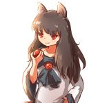  1girl animal_ears apple brooch brown_hair dress fang food fruit hand_on_hip imaizumi_kagerou jewelry kotou_(ko-tou) long_hair red_eyes sketch smile solo tail touhou wolf_ears wolf_tail 