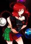  1girl absurdres belt black_background bracelet chain clothes_writing collar earth hecatia_lapislazuli highres jewelry looking_at_viewer midriff miniskirt moon navel off_shoulder one_eye_closed plaid plaid_skirt raptor7 red_eyes redhead short_hair short_sleeves simple_background skirt smile solo t-shirt touhou 