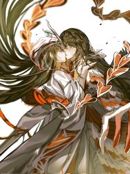  1boy 1girl black_hair blue_eyes closed_eyes dragon_horns e.g.o_(project_moon) hashtag-only_commentary highres hong_lu_(project_moon) horns japanese_clothes kimono kiss limbus_company project_moon ryoshu_(project_moon) see-through_clothes sheath sheathed shiromuku simple_background sword tears_of_the_tarnished_blood_(e.g.o) uchikake weapon white_background xiao_mai 