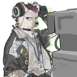  1boy arknights badge black_gloves black_hair black_jacket button_badge camera closed_mouth commentary_request eyebrow_piercing face_piercing furry furry_male gloves grey_fur grey_shirt headphones highres holding holding_camera hyena_boy hyena_ears id_card jacket looking_at_viewer multicolored_hair nigirikobushi2 piercing shirt spot_(arknights) streaked_hair 