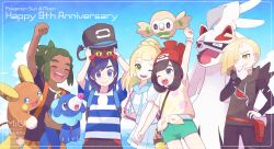  2girls 3boys ;d alolan_raichu arm_up black_hair black_hat black_hoodie black_shirt blue_eyes blue_hair blue_sky clenched_hand closed_mouth clouds dark-skinned_male dark_skin elio_(pokemon) gladion_(pokemon) green_eyes green_hair green_shorts hair_over_one_eye happy_anniversary hat hau_(pokemon) highres holding holding_hands holding_pokemon hood hoodie lillie_(pokemon) litten long_hair long_sleeves looking_at_another miu_(miuuu_721) multiple_boys multiple_girls on_head one_eye_closed open_mouth pleated_skirt pokemon pokemon_(creature) pokemon_on_head pokemon_sm ponytail popplio red_hat rowlet selene_(pokemon) shirt short_hair short_sleeves shorts silvally skirt sky sleeveless sleeveless_hoodie smile striped_clothes striped_shirt teeth tied_shirt undershirt_peek upper_teeth_only white_shirt white_skirt yellow_shirt 