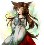  1girl animal_ears breasts brooch brown_hair collarbone dress fang hands_on_hips hisagifuro imaizumi_kagerou jewelry long_hair looking_at_viewer messy_hair red_eyes simple_background slit_pupils solo standing tail touhou white_dress wolf_ears wolf_tail 