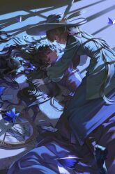  2girls absurdres all_fours arms_around_neck black_hair black_hat black_shoes black_skirt blue_butterfly bow broken_mirror brown_hair bug butterfly dress eye_contact face-to-face feathers flower glasses gloves green_feathers green_hat green_jacket grin hair_bow hair_spread_out hashtag-only_commentary hat hat_feather hat_flower highres isolde_(reverse:1999) jacket kakania_(reverse:1999) long_dress long_hair long_skirt looking_at_another low_ponytail lying mirror moonlight multiple_girls on_back on_floor pinned ponytail purple_dress reverse:1999 rose shoes skirt smile sweat unworn_hat unworn_headwear very_long_hair violet_eyes white_gloves window_shadow yellow_bow yellow_flower yellow_rose yuckpo_(jerky_55) yukadon yuri 