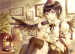  1girl belt black_hair black_legwear black_skirt black_wings brown_eyes butterfly camera collection ears keiko_(mitakarawa) light_rays looking_at_viewer mechanical_wings phonograph picture_(object) plant puffy_short_sleeves puffy_sleeves record shameimaru_aya short_sleeves sitting skirt smile solo steampunk steampunk_(liarsoft) stereo sunbeam sunlight thigh-highs touhou wings wrist_cuffs zettai_ryouiki 