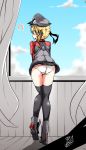  1girl ? black_legwear blonde_hair blue_sky curtains from_behind fxrhine hat highres kantai_collection military military_hat military_uniform peaked_cap prinz_eugen_(kantai_collection) skirt skirt_lift sky thigh-highs twintails uniform white_background window 