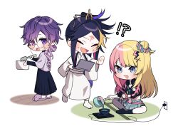  !? 1girl 2boys belt black_hair black_pants black_shirt black_socks blonde_hair blue_eyes blue_necktie blue_skirt chibi closed_eyes colored_inner_hair commentary_request computer cooking_pot crossed_ankles electric_plug facial_mark forehead_mark gradient_hair grey_pantyhose hair_bun hair_ornament hair_stick hakama hakama_pants holding holding_cooking_pot holding_laptop holding_spatula hot_plate japanese_clothes kimono kotoka_torahime kotoka_torahime_(1st_costume) laptop lightning_bolt_hair_ornament lightning_bolt_symbol long_hair multicolored_hair multiple_boys nana72710193 necktie nijisanji nijisanji_en open_mouth pants pantyhose parted_bangs pink_belt pink_hair pink_necktie plaid_clothes plaid_skirt pouring purple_hair scrunchie shirt shu_yamino shu_yamino_(2nd_costume) simple_background single_hair_bun single_leg_pantyhose skirt smile socks spatula split-color_hair stop_(gesture) two-tone_necktie uki_violeta uki_violeta_(2nd_costume) undershirt virtual_youtuber white_background white_kimono white_shirt wrist_scrunchie yukata 