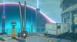 1girl animal_ears hoshimi_miyabi katana long_hair meme nepnepping vergil's_chair_(meme) very_long_ears zenless_zone_zero