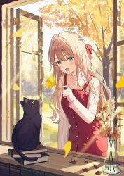  1girl absurdres arm_up autumn_leaves black_cat blonde_hair book book_stack bookshelf bow branch buttons cat commentary_request dress erlenmeyer_flask falling_leaves fingernails flask green_eyes hair_bow highres holding holding_leaf indoors leaf long_hair long_sleeves looking_at_animal open_mouth original red_bow red_dress senri_(senri_sen) sleeveless sleeveless_dress smile solo standing sunlight sweater tree white_sweater windowsill 