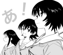  3girls a_(phrase) azumanga_daioh azumanga_daioh's_school_uniform blush bonklers chorohanage collarbone from_side greyscale highres kagura_(azumanga_daioh) kasuga_ayumu long_hair looking_ahead looking_at_viewer monochrome multiple_girls sailor_collar school_uniform serafuku short_hair smile takino_tomo upper_body white_background 