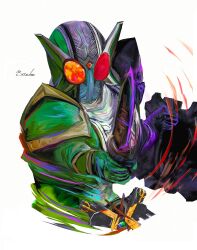  1boy armor black_armor bodysuit double_driver green_armor green_bodysuit hashtag-only_commentary highres holding holding_sword holding_weapon kamen_rider kamen_rider_double kamen_rider_double_(cyclonejokerxtreme) kamen_rider_w obakelope0530 purple_bodysuit red_eyes simple_background solo sword weapon white_background 
