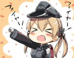  &gt;_&lt; 1girl :d air_punch anchor_hair_ornament brown_hair commentary_request engiyoshi hat kantai_collection long_hair looking_at_viewer open_mouth peaked_cap prinz_eugen_(kantai_collection) smile solo translation_request twintails xd 
