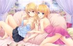  2girls bare_legs bare_shoulders barefoot blonde_hair blue_eyes blush book breasts camisole cleavage collarbone curtains dress highres long_hair looking_at_viewer lying multiple_girls n.g. on_stomach original pillow pink_dress short_hair sitting skirt smile violet_eyes window 