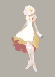  1girl armor armored_boots blonde_hair boots dress grey_dress grey_eyes hair_intakes highres holding holding_nail juliet_sleeves kromer_(project_moon) limbus_company long_sleeves looking_at_viewer maid multicolored_hair nail_(hardware) open_mouth pauldrons project_moon puffy_sleeves shoulder_armor smile solo streaked_hair talisman wax_seal white_hair yellow_dress yesheng_zong_ren 