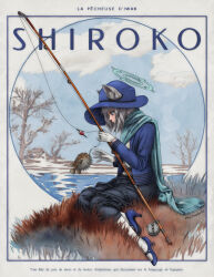  1920s_(style) 1920s_fashion 1girl absurdres animal_ears blue_archive blue_scarf character_name fish fishing_line fishing_rod french_text gloves halo hat high_heels highres holding holding_fishing_rod lake metadragonart puffer_fish scarf shiroko_(blue_archive) snow solo translation_request white_gloves wolf_ears wolf_girl 