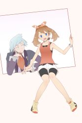  1boy 1girl bike_shorts bike_shorts_under_shorts black_shorts blue_eyes blue_hair bow bow_hairband brown_hair fooring hair_bow hairband headband leaning looking_at_another may_(pokemon) medium_hair mega_ring open_mouth pokemon pokemon_oras red_hairband red_shirt shirt shoes shorts shorts_under_shorts simple_background sitting sleeveless smile sneakers steven_stone white_background yellow_shoes 