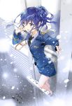  1girl :o aikatsu! blue_eyes blush building kiriya_aoi ledge necktie pencil_skirt police police_uniform skirt snow solo standing tiv uniform 