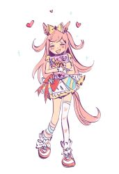  1girl agnes_digital_(super_express!_full_color_special)_(umamusume) agnes_digital_(umamusume) animal_ears beads blush bow bracelet closed_eyes ear_ornament facing_viewer hair_bow heart highres holding holding_notebook horse_ears horse_girl horse_tail jewelry junglespocket long_hair multicolored_skirt notebook open_mouth pink_hair shoes single_thighhigh single_wrist_cuff skirt smile solo star_(symbol) tail thigh-highs umamusume white_thighhighs wrist_cuffs yellow_bow 