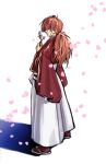  1boy brown_hair hakama himura_kenshin japanese_clothes joey_joey_joey kimono long_hair petals ponytail rurouni_kenshin samurai sandals scar solo tabi 