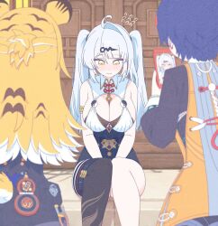 alternate_hairstyle animal_ears belle_(zenless_zone_zero) cellphone embarrassed ju_fufu long_hair multiple_girls phone short_hair smartphone taking_picture tiger_ears tiger_girl tiger_tail yi_xuan_(zenless_zone_zero) yixuan_(zenless_zone_zero) zenless_zone_zero