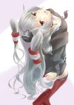  1girl amatsukaze_(kantai_collection) endouvocalotyu from_behind hair_tubes highres kantai_collection kneeling leaning_back long_hair long_sleeves looking_at_viewer looking_up open_mouth silver_hair solo thigh-highs two_side_up very_long_hair 