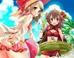  2girls ball beachball bikini bikini_skirt brown_eyes brown_hair hat hekicha innertube jacket long_hair multiple_girls original short_hair straw_hat swimsuit twintails two_side_up water_gun 