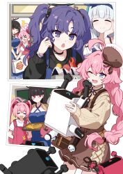  5girls ahoge black_choker black_hair black_halo black_sweater blue_archive blue_dress blue_eyes blush braid breasts brown_hat brown_skirt brown_sweater buttons choker closed_eyes dress fang food hair_ornament hairclip halo hat highres hoshino_(blue_archive) ideolo koyuki_(blue_archive) large_breasts long_hair multiple_girls noa_(blue_archive) one_eye_closed onigiri open_mouth pink_hair pink_halo pizza purple_hair red_eyes rio_(blue_archive) robot shirt skirt smile suspenders sweater tears twin_braids twintails violet_eyes white_hair white_shirt yuuka_(blue_archive) 