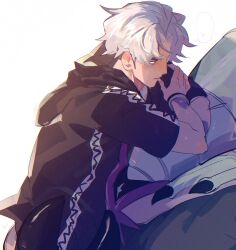  1boy armband carrying carrying_person closed_mouth commentary_request cowboy_shot golisopod guzma_(pokemon) hair_down highres jacket karakurenai4920 male_focus pokemon pokemon_(creature) pokemon_sm short_hair simple_background solo white_background white_hair 