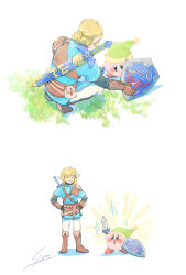  1boy blonde_hair blue_eyes blush blush_stickers boots brown_boots champion's_tunic_(zelda) closed_mouth fingerless_gloves gloves green_hat hat highres holding holding_shield holding_sword holding_weapon kirby kirby_(series) link master_sword open_mouth pants pointy_ears scabbard sheath shield short_hair simon_(kabo_chips) smile star_(symbol) super_smash_bros. sword sword_kirby the_legend_of_zelda the_legend_of_zelda:_breath_of_the_wild tunic weapon 