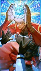  1boy archer_(fate) blue_crown chaldea_uniform coat code3755 covered_abs crown dark-skinned_male dark_skin fate/grand_order fate_(series) grand_servant_(fate/grand_order) highres holding holding_crown male_focus pointed_crown pov red_coat spiky_hair toned toned_male watermark white_hair 