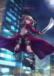  1girl archer_(cosplay) boots building dual_wielding fate/kaleid_liner_prisma_illya fate_(series) highres illyasviel_von_einzbern kanshou_&amp;_bakuya l.l long_hair skyscraper solo sword weapon yellow_eyes 