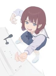  1girl absurdres air_guitar bandaid bandaid_on_face bandaid_on_forehead blue_bow blue_bowtie blue_eyes blue_shirt blue_skirt bow bowtie brown_hair commentary_request from_above girls_band_cry highres iseri_nina long_sleeves microphone open_mouth shirt short_hair simple_background skirt socks solo ueno_yuhi violet_eyes white_background white_shirt white_socks 