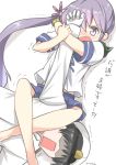  1boy 1girl absurdres admiral_(kantai_collection) akebono_(kantai_collection) armlock artist_name barefoot black_hair blush faceless faceless_male gloves hat highres kantai_collection long_hair military military_uniform open_mouth purple_hair ryuki_(ryukisukune) school_uniform serafuku short_hair short_sleeves side_ponytail skirt translation_request uniform violet_eyes white_gloves 