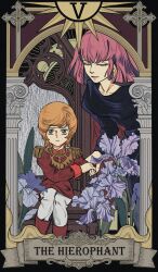  2girls black_dress card_(medium) chair closed_eyes closed_mouth commentary_request dress epaulettes flower green_eyes gundam gundam_zz haman_karn highres holding_hands jacket long_sleeves looking_at_viewer mikazuki121410 military_jacket military_uniform mineva_lao_zabi multiple_girls on_chair open_mouth orange_hair pants pillar purple_hair red_jacket short_hair sitting smile tarot tarot_(medium) white_flower white_pants zeon 