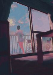  1girl balcony black_hair clouds cloudy_sky facing_away floor from_inside highres original railing saisho_(qpoujr) scenery shirt short_hair short_sleeves sky sliding_doors solo standing t-shirt table white_shirt wide_shot 