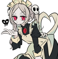 1girl apron bloody_marie_(skullgirls) blowing_kiss cxdotchison grey_hair hair_ornament heart highres maid maid_apron maid_headdress red_eyes skull_hair_ornament skullgirls solo twintails white_background 