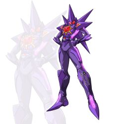 armor bodysuit chest_jewel cosplay full_body hands_on_own_hips helmet highres kamen_rider mega_starmie mega_starmie_(cosplay) poke_ball pokemon purple_armor purple_bodysuit purple_helmet red_eyes simple_background solo starmie to_ze white_background zoom_layer