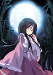  1girl bamboo bamboo_forest black_hair bow forest full_moon houraisan_kaguya long_hair long_skirt long_sleeves looking_at_viewer moon nature night red_eyes satou_kibi shirt skirt smile solo star_(sky) touhou wide_sleeves 