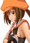  1girl breasts brown_eyes brown_hair fingerless_gloves gloves grin guilty_gear guilty_gear_xrd hat long_hair may_(guilty_gear) naughty_face pirate_hat ponkotsu ponytail sailor_collar sideboob small_breasts smile solo tan tanline 