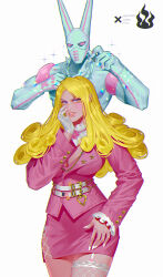  1girl 2020 absurdres american_flag american_flag_print blonde_hair commentary copyright_name english_commentary flag_print funny_valentine genderswap genderswap_(mtf) gloves highres jojo_no_kimyou_na_bouken long_hair single_glove steel_ball_run veela white_background white_gloves 
