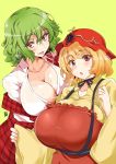  2girls aki_minoriko alternate_breast_size aoi_manabu apron blonde_hair breasts chestnut_mouth cleavage collarbone food fruit grapes green_hair huge_breasts kazami_yuuka looking_at_viewer mob_cap multiple_girls off_shoulder open_mouth red_eyes shirt skirt smile sweat tongue tongue_out touhou vest 