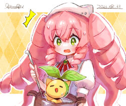  1girl :o blush catherine_(dragalia_lost) commentary_request cooking_pot dated dragalia_lost drill_hair green_eyes ko_nuki ladle long_hair open_mouth pink_hair pipple_(dragalia_lost) puffy_short_sleeves puffy_sleeves shirt short_sleeves signature surprised sweat upper_body very_long_hair white_shirt 