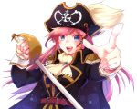  &gt;:d 1girl :d ascot belt blue_eyes coat epaulettes hat index_finger_raised katou_marika long_hair looking_at_viewer miniskirt_pirates open_mouth pink_hair pirate_hat ponkichi_(hazama_senkonmeiraku) smile solo sword weapon white_background 