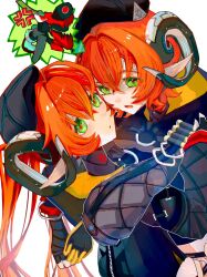 2girls 832cy ammunition anger_vein asymmetrical_gloves black_hat black_horns blush clone commentary_request crossed_bangs curled_horns dragon_girl dragon_horns dress fingerless_gloves gloves hair_between_eyes hat highres horns looking_at_viewer magus_(zenless_zone_zero) mechanical_horns mismatched_gloves multiple_girls open_mouth orange_hair orphie_magnusson pointy_ears red_pupils simple_background single_fingerless_glove spoken_character twintails upper_body white_background yellow_gloves zenless_zone_zero zipper_dress