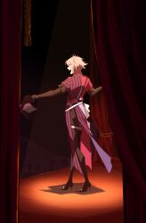  1boy absurdres black_gloves black_shorts boots coat curtains english_commentary gavis_bettel gavis_bettel_(1st_costume) gigglepox gloves grey_hair hair_between_eyes hat high_heel_boots high_heels highres holding holostars holostars_english light_particles male_focus medium_hair open_mouth shorts solo spotlight stage standing striped_coat thigh_boots top_hat unworn_hat unworn_headwear vertical-striped_coat virtual_youtuber 