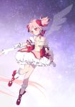  bow bubble_skirt choker dual_persona frills gloves goddess_madoka hair_bow highres holding_hands kaname_madoka magical_girl mahou_shoujo_madoka_magica pink_eyes pink_hair plico_(nicoma) short_twintails smile solo_focus star_(sky) twintails 