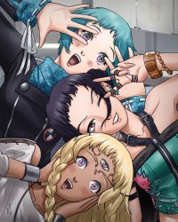  3girls aqua_hair black_hair blonde_hair blush braid brown_eyes commentary crossover dark-skinned_female dark_skin ear_piercing english_commentary eupha_(metaphor:_refantazio) gekkoukan_high_school_uniform grin hands_on_own_face highres kpop_demon_hunters lips long_hair long_sleeves metaphor:_refantazio multiple_crossover multiple_girls one_eye_closed persona persona_3 piercing school_uniform short_hair smile teeth third_eye twin_braids upper_teeth_only violet_eyes xeeoh yamagishi_fuuka zoey_(kpop_demon_hunters) 