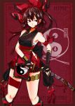  1girl alternate_costume bow brown_hair elbow_gloves floral_print gloves hair_bow hair_tubes hakurei_reimu highres jewelry katana long_hair ofuda ribbon samurai sarashi seigaiha sleeveless solo sword syn touhou weapon yin_yang 